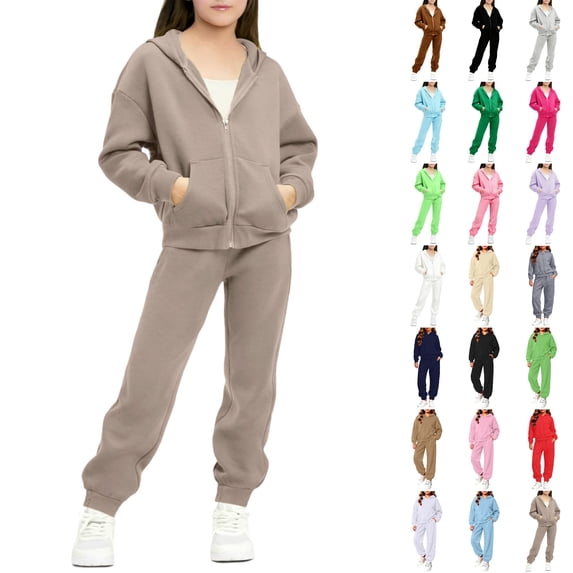 Husipze Sweat Suit Set 2 Piece Zip up Hooded Sweatshirt and Tapered Jogger Sweatpants with Pockets Soft Fleece Tracksuit Khaki 7-8 Years