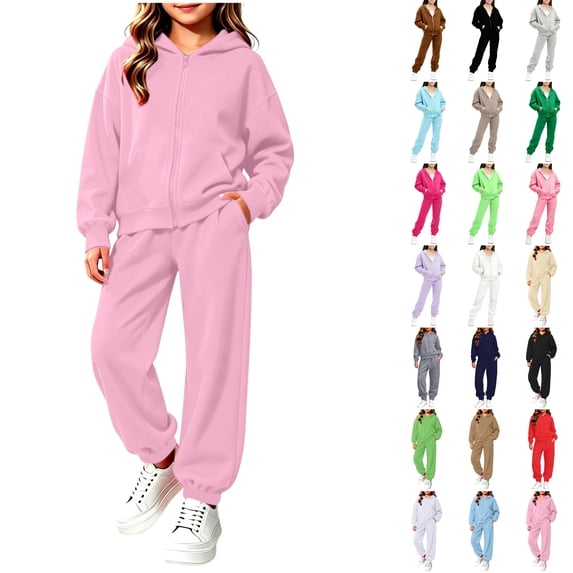 Husipze Sweat Suit Set 2 Piece Zip up Solid Hooded Sweatshirt and Tapered Jogger Sweatpants with Pockets Soft Fleece Tracksuit Pink 3-4 Years