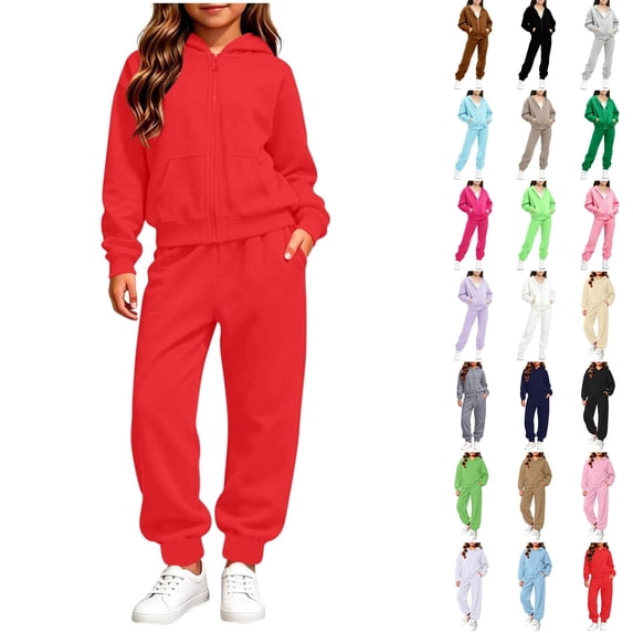 Husipze Sweat Suit Set 2 Piece Zip up Solid Hooded Sweatshirt and Tapered Jogger Sweatpants with Pockets Soft Fleece Tracksuit Red 7-8 Years