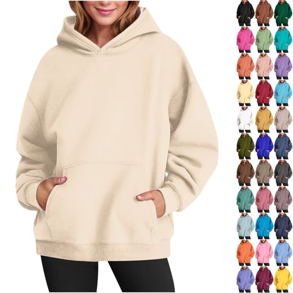 Husipze Sweatshirt for Women Oversized Long Sleeve Drawstring Casual Solid Hooded Pullover with Pockets Beige S