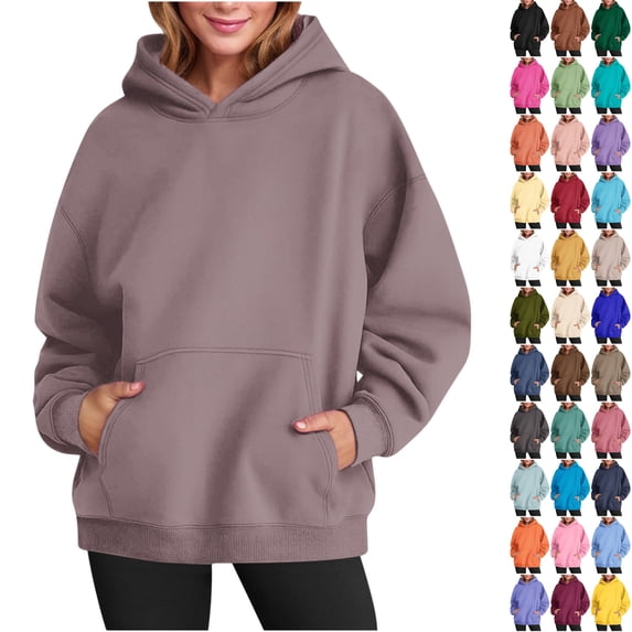 Husipze Sweatshirt for Women Oversized Long Sleeve Drawstring Casual Solid Hooded Pullover with Pockets Khaki 2XL