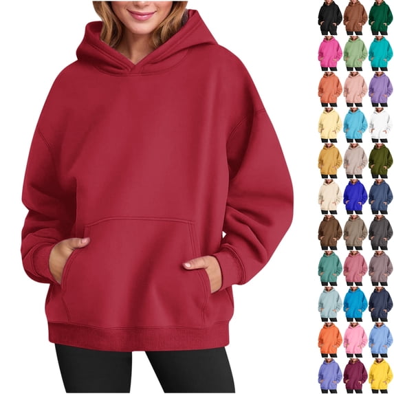 Husipze Sweatshirt for Women Oversized Long Sleeve Drawstring Casual Solid Hooded Pullover with Pockets Red 2XL