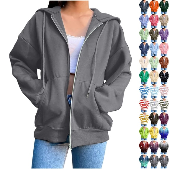 Husipze Sweatshirt for Women Zip Up Long Sleeve Drawstring Oversized Casual Fashion Hooded Sweatshirt with Pockets Dark Gray 3XL