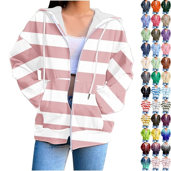 Husipze Sweatshirt for Women Striped Zip Up Long Sleeve Drawstring Oversized Casual Fashion Hooded Sweatshirt with Pockets Pink XL