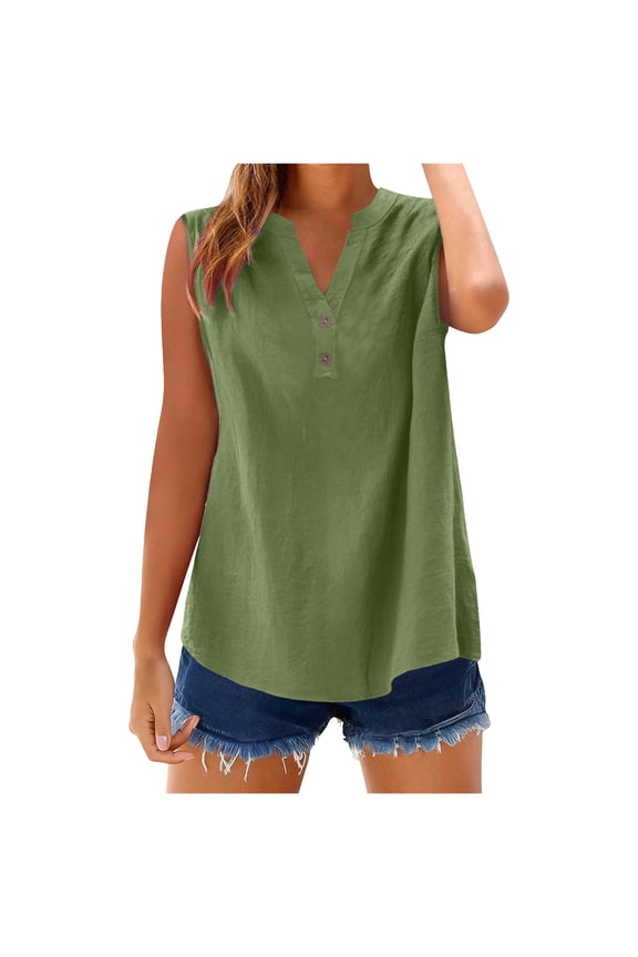 Tank Tops for Women Cotton Linen Sleeveless V Neck Henley Shirt Casual Loose Fit Summer Blouses Army Green XXL