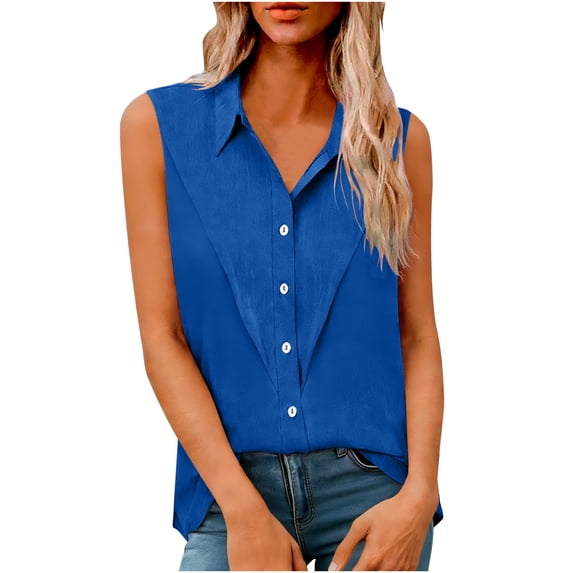 Husipze Tank Tops for Women Loose Linen Blend Sleeveless Button-Down Shirt Collared Casual Blouse for Work Blue S
