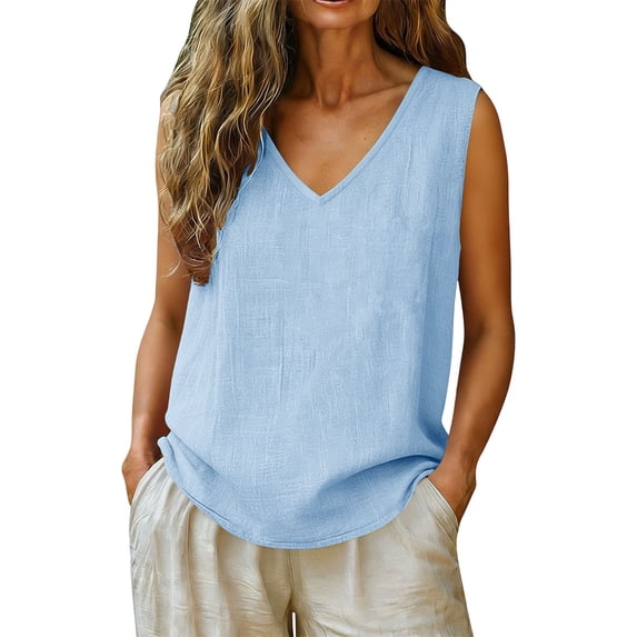Husipze Tank Tops for Women Sleeveless V-Neck Loose Fit Casual Summer Lightweight Breathable Shirt Comfy Flowy Blouse Blue XL