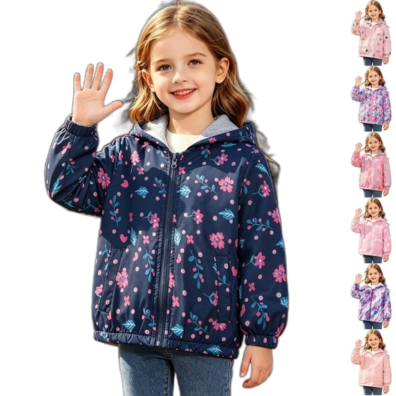 Husipze Toddler Cute Flower Printed Hooded Windbreaker Jacket Girls Boys Full Zip Fleece Lined Lightweight Casual Coat Long Sleeve Windproof Outerwear Purple 2 Years