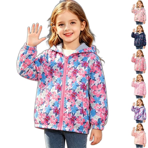 Husipze Toddler Cute Flower Printed Hooded Windbreaker Jacket Girls Boys Full Zip Fleece Lined Lightweight Casual Coat Long Sleeve Windproof Outerwear Purple 2 Years