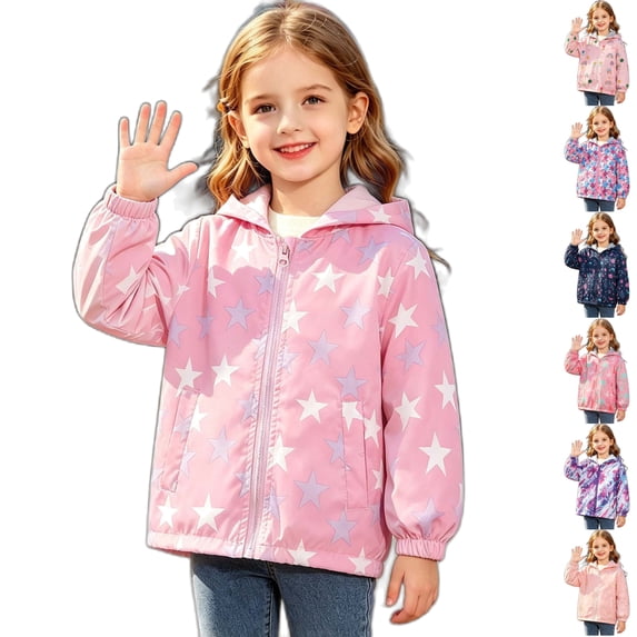 Husipze Toddler Cute Star Printed Hooded Windbreaker Jacket Girls Boys Full Zip Fleece Lined Lightweight Coat Long Sleeve Windproof Outerwear Pink 4 Years