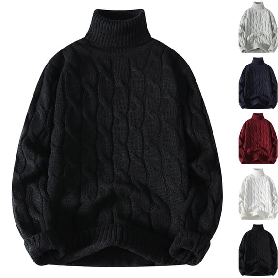 Husipze Turtleneck Cable Knit Sweater for Men Long Sleeve Oversized Loose Fit Chunky Thick Knit Braided Pattern Casual Cozy Warm Pullover Tops Black M