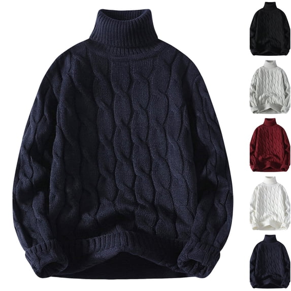 Husipze Turtleneck Cable Knit Sweater for Men Long Sleeve Oversized Loose Fit Chunky Thick Knit Braided Pattern Casual Cozy Warm Pullover Tops Navy 2XL