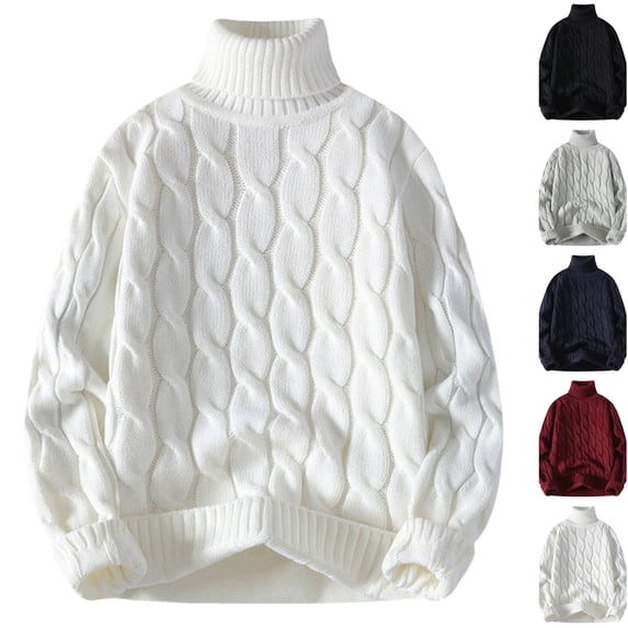 Husipze Turtleneck Cable Knit Sweater for Men Long Sleeve Oversized Loose Fit Chunky Thick Knit Braided Pattern Casual Cozy Warm Pullover Tops White 3XL