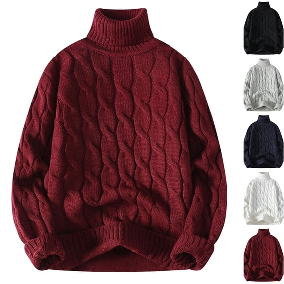 Husipze Turtleneck Cable Knit Sweater for Men Long Sleeve Oversized Loose Fit Chunky Thick Knit Braided Pattern Casual Cozy Warm Pullover Tops Wine L