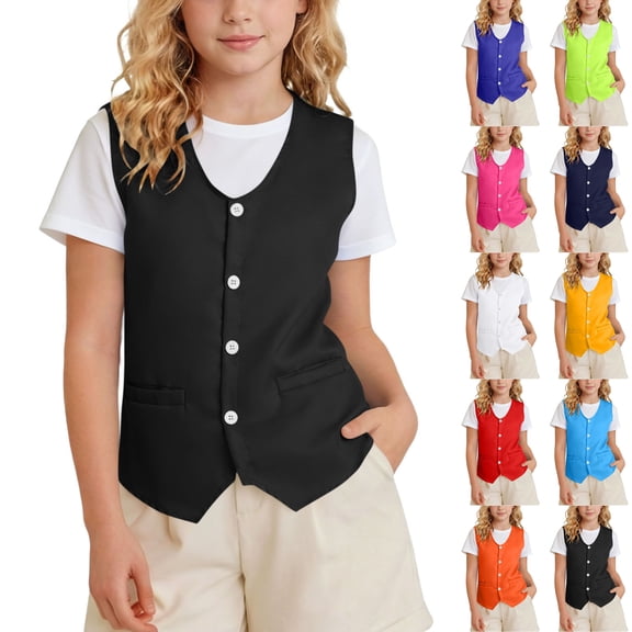 Husipze Vest for Kids Button-down Sleeveless Soft Breathable Waistcoat V-neck Casual Layering Jacket with Pockets Black 3-4 Years