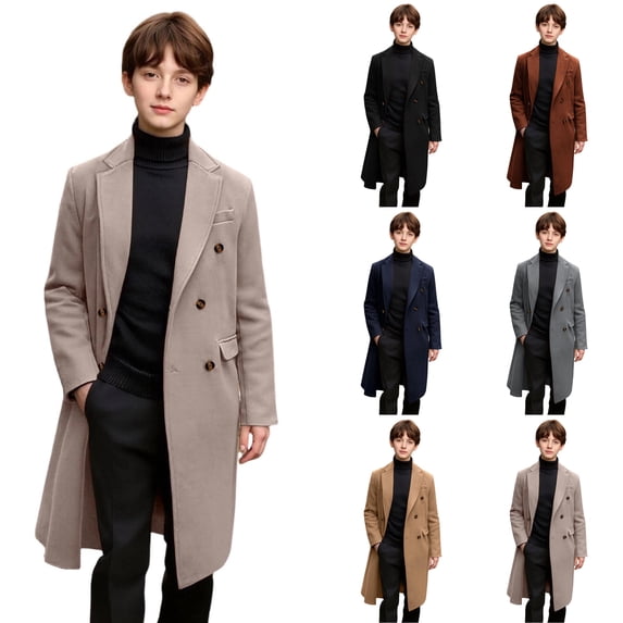 Husipze Winter Overcoat for Kid Wool Blend Pea Coat Notch Lapel Collar Double-breasted Buttons Trench Coat Warm Casual Outerwear Beige 9 Years
