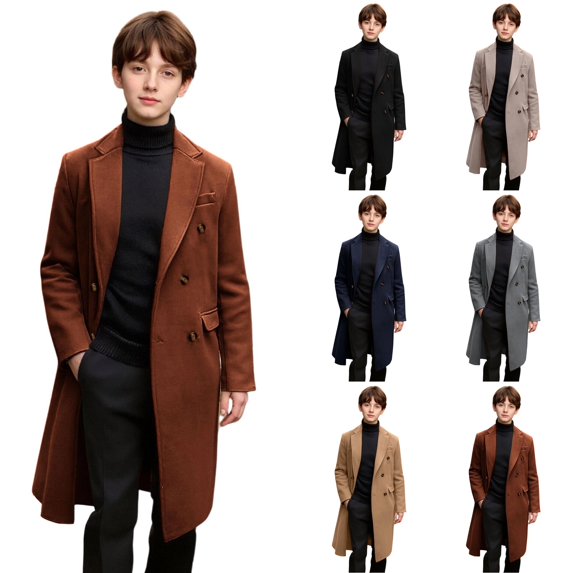 Husipze Winter Overcoat for Kid Wool Blend Pea Coat Notch Lapel Collar Double-breasted Buttons Trench Coat Warm Casual Outerwear Coffee 5 Years