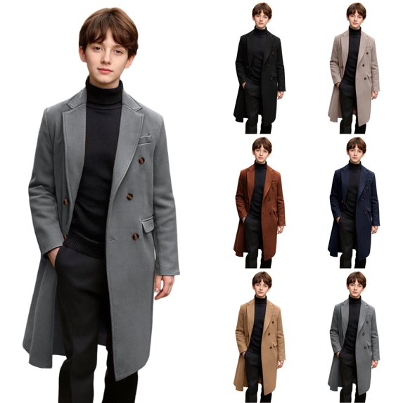 Husipze Winter Overcoat for Kid Wool Blend Pea Coat Notch Lapel Collar Double-breasted Buttons Trench Coat Warm Casual Outerwear Gray 11 Years