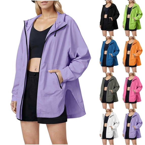 Husipze Women Rain Jackets Casual Zip Up Hooded Windbreaker Lightweight Portable Waterproof Raincoat Hiking Travel Jackets with Pockets Green S