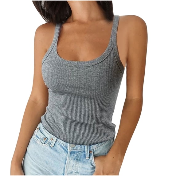 Husipze Women Spaghetti Strap Scoop Neck Ribbed Tank Tops Slim Fitted Cotton Camisole Basic Sleeveless Layering Shirts Gray S
