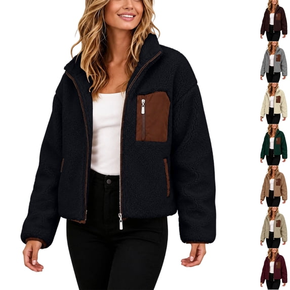 Husipze Women Stand Collar Short Sherpa Fleece Jacket Full Zip Long Sleeve Short Fall Winter Coat Fuzzy Teddy Outerwear with Pockets Black S