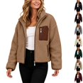 thumbnail image 1 of Husipze Women Stand Collar Short Sherpa Fleece Jacket Full Zip Long Sleeve Short Fall Winter Coat Fuzzy Teddy Outerwear with Pockets Coffee XL, 1 of 10