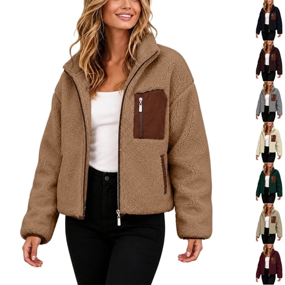 Husipze Women Stand Collar Short Sherpa Fleece Jacket Full Zip Long Sleeve Short Fall Winter Coat Fuzzy Teddy Outerwear with Pockets Coffee XL