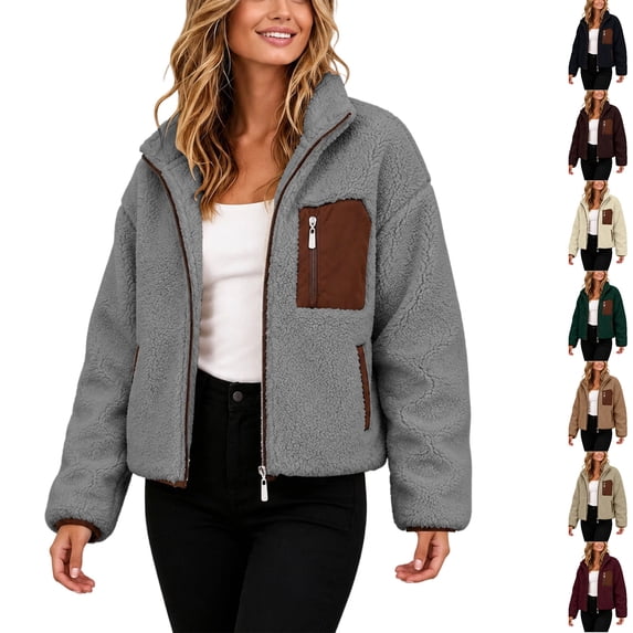 Husipze Women Stand Collar Short Sherpa Fleece Jacket Full Zip Long Sleeve Short Fall Winter Coat Fuzzy Teddy Outerwear with Pockets Gray M