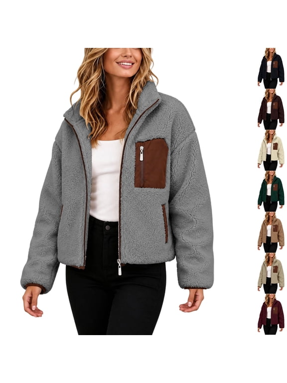 Women Stand Collar Short Sherpa Fleece Jacket Full Zip Long Sleeve Short Fall Winter Coat Fuzzy Teddy Outerwear with Pockets Gray S