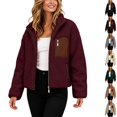 thumbnail image 1 of Husipze Women Stand Collar Short Sherpa Fleece Jacket Full Zip Long Sleeve Short Fall Winter Coat Fuzzy Teddy Outerwear with Pockets Wine M, 1 of 10