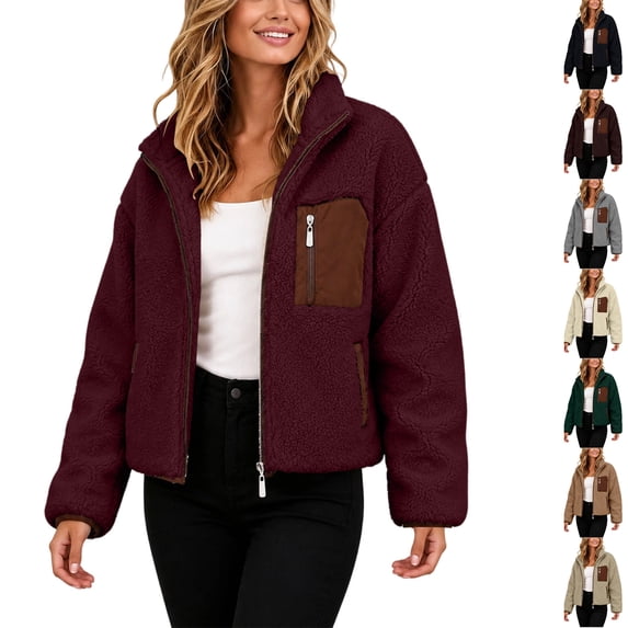 Husipze Women Stand Collar Short Sherpa Fleece Jacket Full Zip Long Sleeve Short Fall Winter Coat Fuzzy Teddy Outerwear with Pockets Wine M