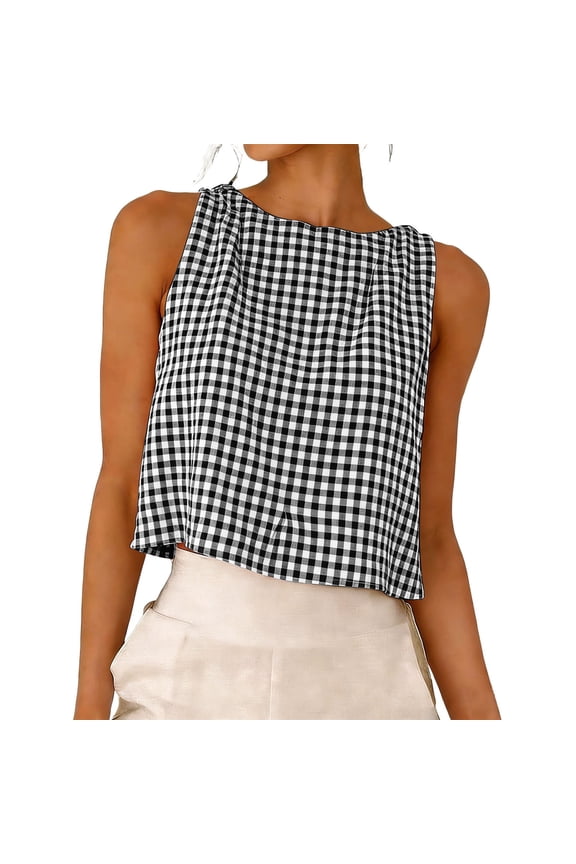 Women Tank Top Reversible Crew Neck Sleeveless Plaid Crop Top Gingham Shirt Casual Summer Cute Tshirts Black L