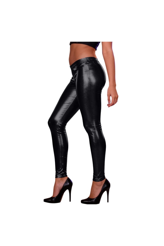 Women Wet Look Shiny Metallic Leggings Faux Leather Leggings for Women Tummy Control Stretch High Waist Pleather Pants Black Free Size