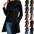 thumbnail image 1 of Husipze Women Winter Casual Single Breasted Hooded Jacket Pea Coat Long Wool Blend Coat Jacket Trench Coat Overcoat Black 3XL, 1 of 7