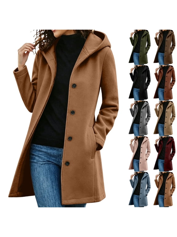 Women Winter Casual Single Breasted Hooded Jacket Pea Coat Long Wool Blend Coat Jacket Trench Coat Overcoat Brown S