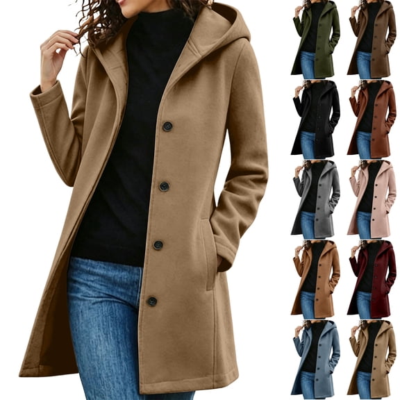 Husipze Women Winter Casual Single Breasted Hooded Jacket Pea Coat Long Wool Blend Coat Jacket Trench Coat Overcoat Khaki L