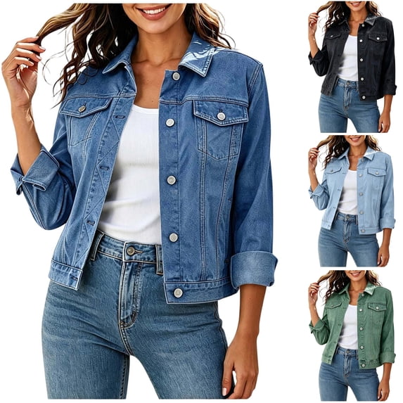 Husipze Women's Basic Button Down Stretch Fitted Long Sleeves Denim Jacket Cropped Jean Jacket Fall Clothes with Pockets Blue S