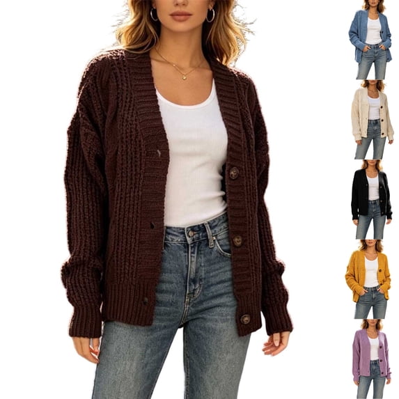 Husipze Women‘s Cardigan Sweater V Neck Chunky Cable Knit Button Down Long Sleeve Loose Fit Ribbed Casual Cardigan for with Pockets Coffee M