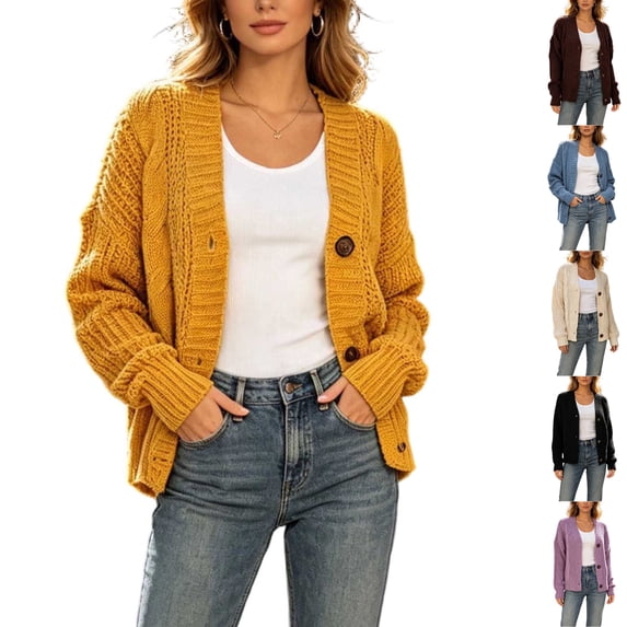 Husipze Women‘s Cardigan Sweater V Neck Chunky Cable Knit Button Down Long Sleeve Loose Fit Ribbed Casual Cardigan for with Pockets Yellow 3XL
