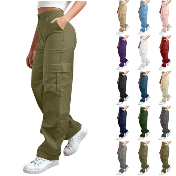 Husipze Women's Cargo Pants High Waist Wide Leg Stretchy Casual Loose Trousers Baggy Hiking Pants with Pockets Army Green 3XL