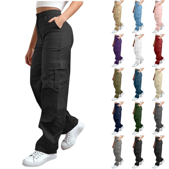 Husipze Women's Cargo Pants High Waist Wide Leg Stretchy Casual Loose Trousers Baggy Hiking Pants with Pockets Black S