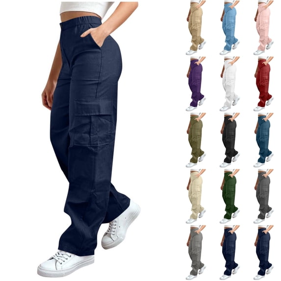 Husipze Women's Cargo Pants High Waist Wide Leg Stretchy Casual Loose Trousers Baggy Hiking Pants with Pockets Dark Blue L