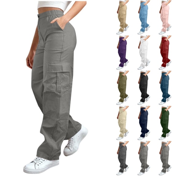 Husipze Women's Cargo Pants High Waist Wide Leg Stretchy Casual Loose Trousers Baggy Hiking Pants with Pockets Gray M