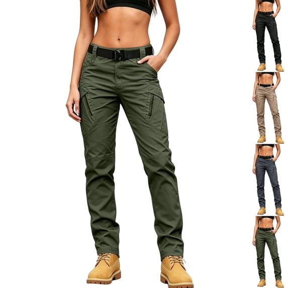Husipze Women's Cargo Pants Slim Straight Pants Quick Work Hiking Trousers with Button with Multi Cargo Pockets Army Green M