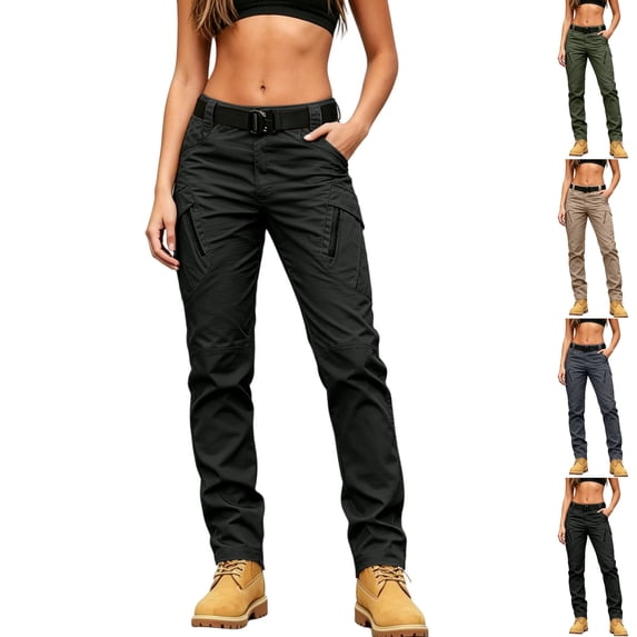 Husipze Women's Cargo Pants Slim Straight Pants Quick Work Hiking Trousers with Button with Multi Cargo Pockets Black M