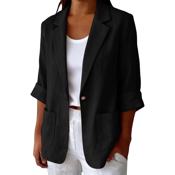 Husipze Women's Casual Linen Blazer Jackets Lapel 3/4 Ruched Sleeve One Button Lightweight Open Front Suit Jackets with Pockets Black S