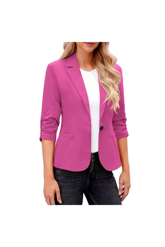 Women's Classic Slim Fit Notch Lapel Blazer Jacket Ruched 3/4 Sleeve Lightweight Open Front Cardigan One Button Office Work Suit Blazer Hot Pink M