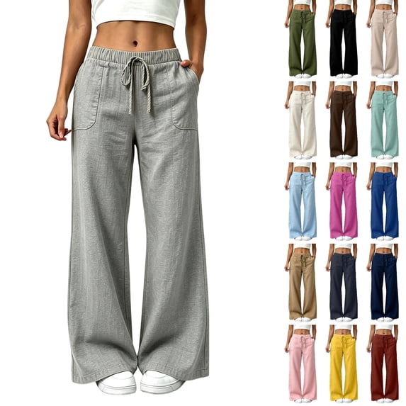 Husipze Women's Cotton Linen Wide Leg Pants Drawstring High Waisted Trousers with Pockets Loose Fit Casual Lounge Pants Gray 2XL