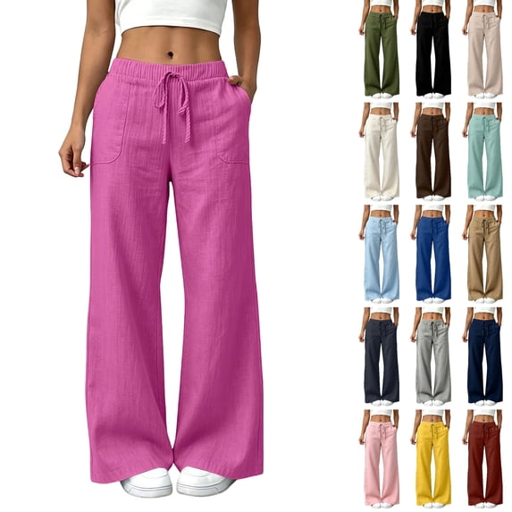 Husipze Women's Cotton Linen Wide Leg Pants Drawstring High Waisted Trousers with Pockets Loose Fit Casual Lounge Pants Hot Pink S