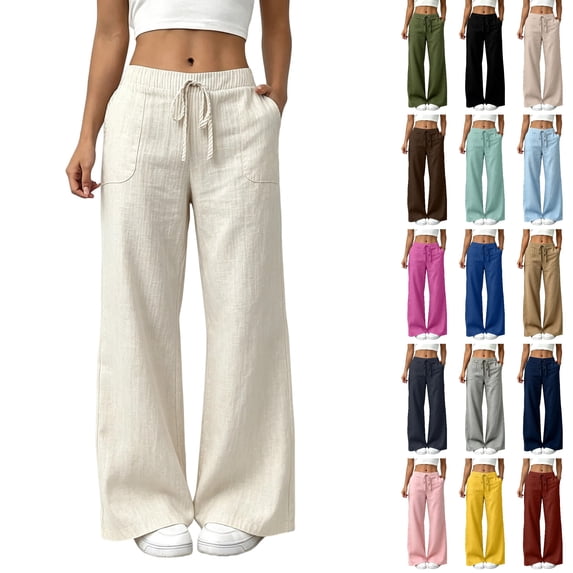 Husipze Women's Cotton Linen Wide Leg Pants Drawstring High Waisted Trousers with Pockets Loose Fit Casual Lounge Pants White M